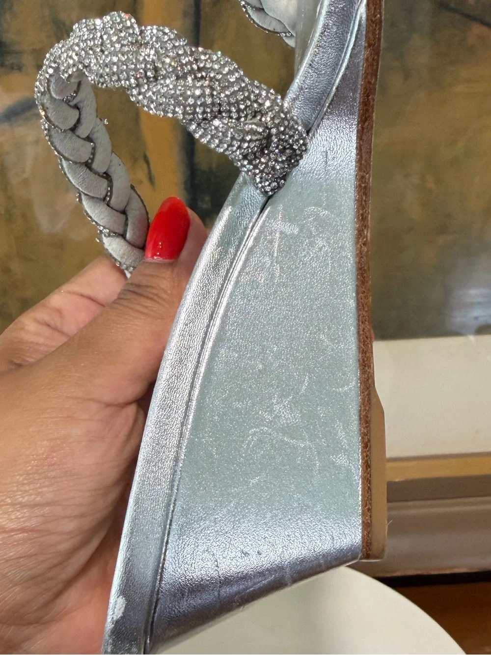 🌹STUART WEITZMAN🌹 Highshine Crystal Braid Wedge Sandals In Silver Size: 5.5 B - Picture 11 of 16
